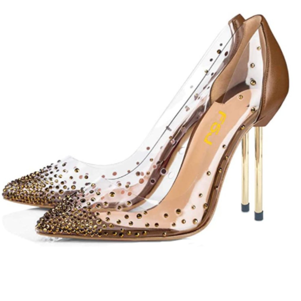 FSJ Brown Studded Pointed Toe Transparent Pumps